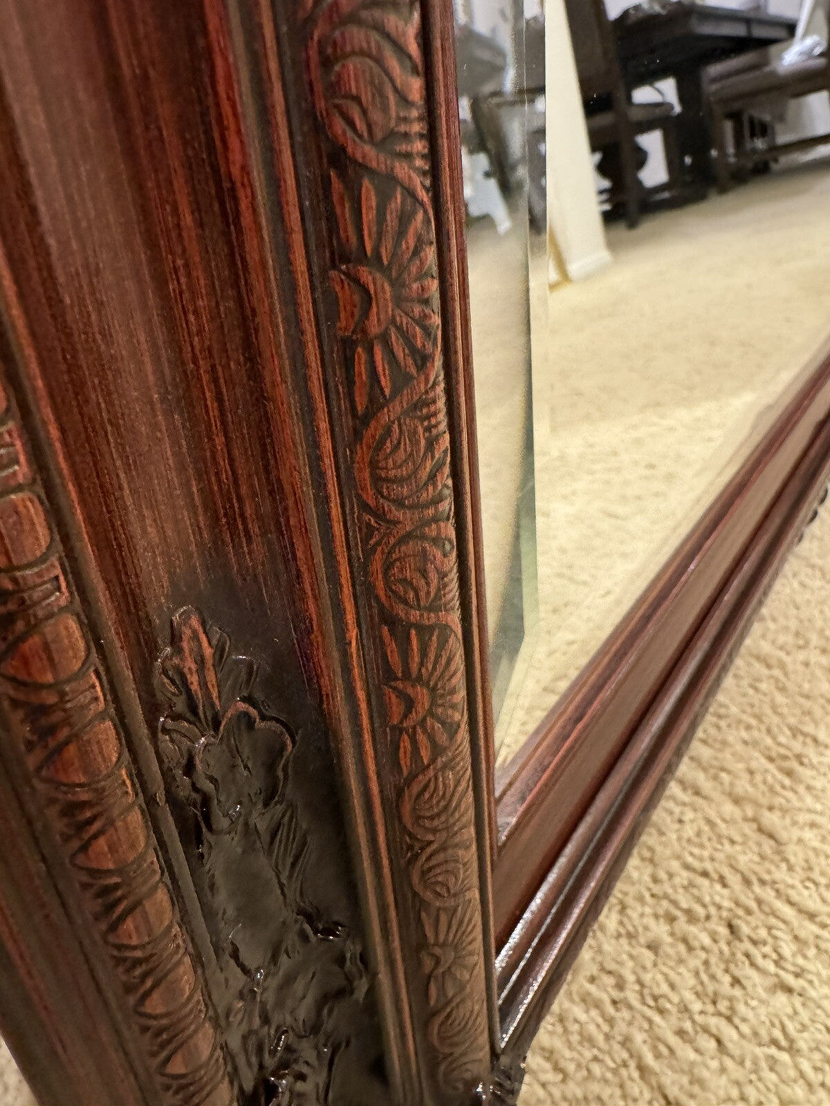 Vintage  Large Mirror Dark Brown Wood Handmade Frame 37” X 47”