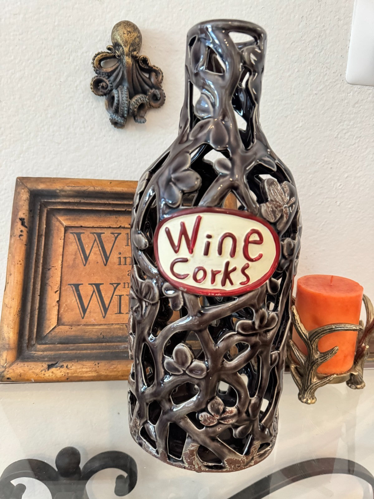 Decorative Ceramic Wine Cork Holder Bottle – Cutout Vine Design, 14” Tall
