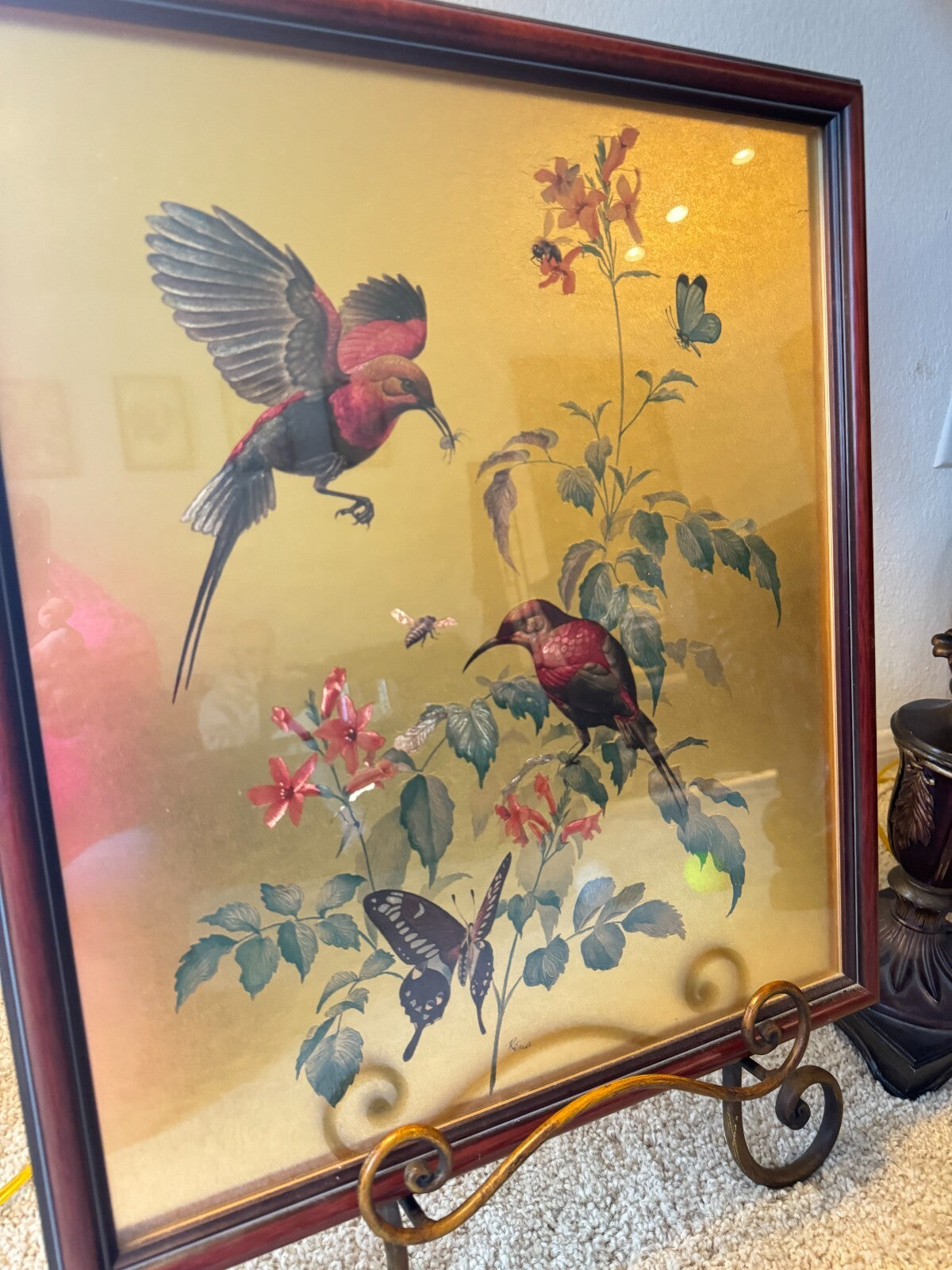 Vintage 19x16 Framed Bird & Butterfly Print by Rena – Nature Wall Art