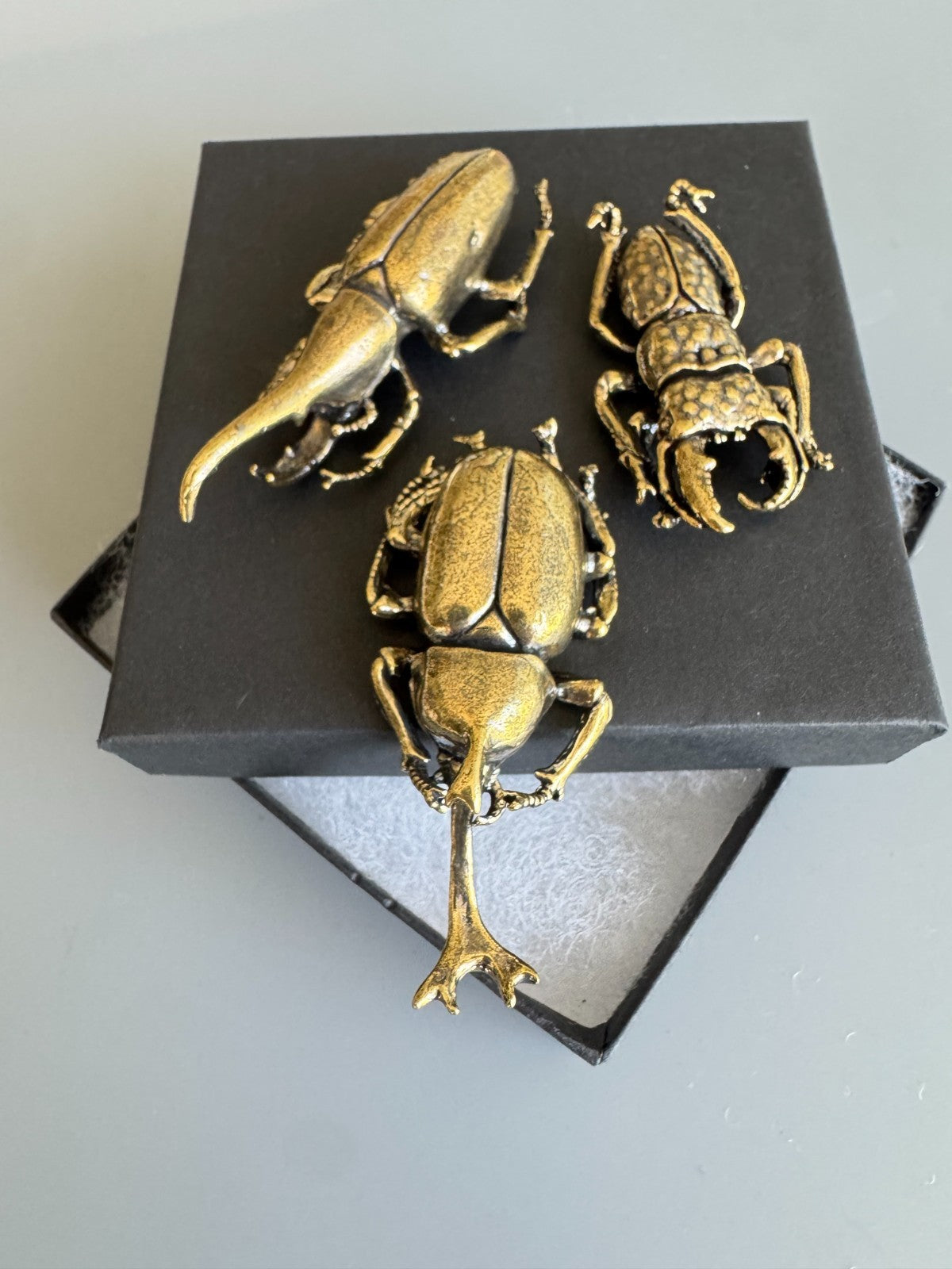 3 pcs Exquisite Brass Beetle Mini Statue. Home Decor . Gift Box Include