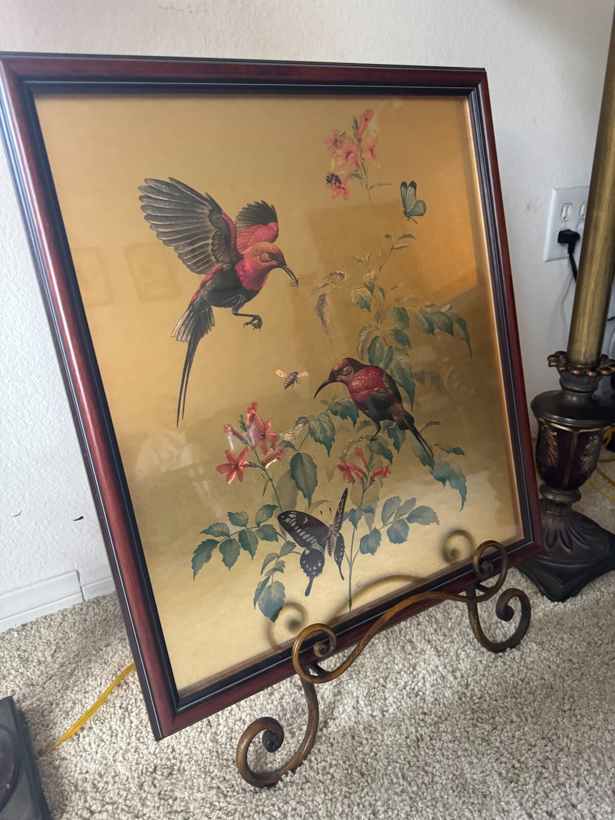Vintage 19x16 Framed Bird & Butterfly Print by Rena – Nature Wall Art