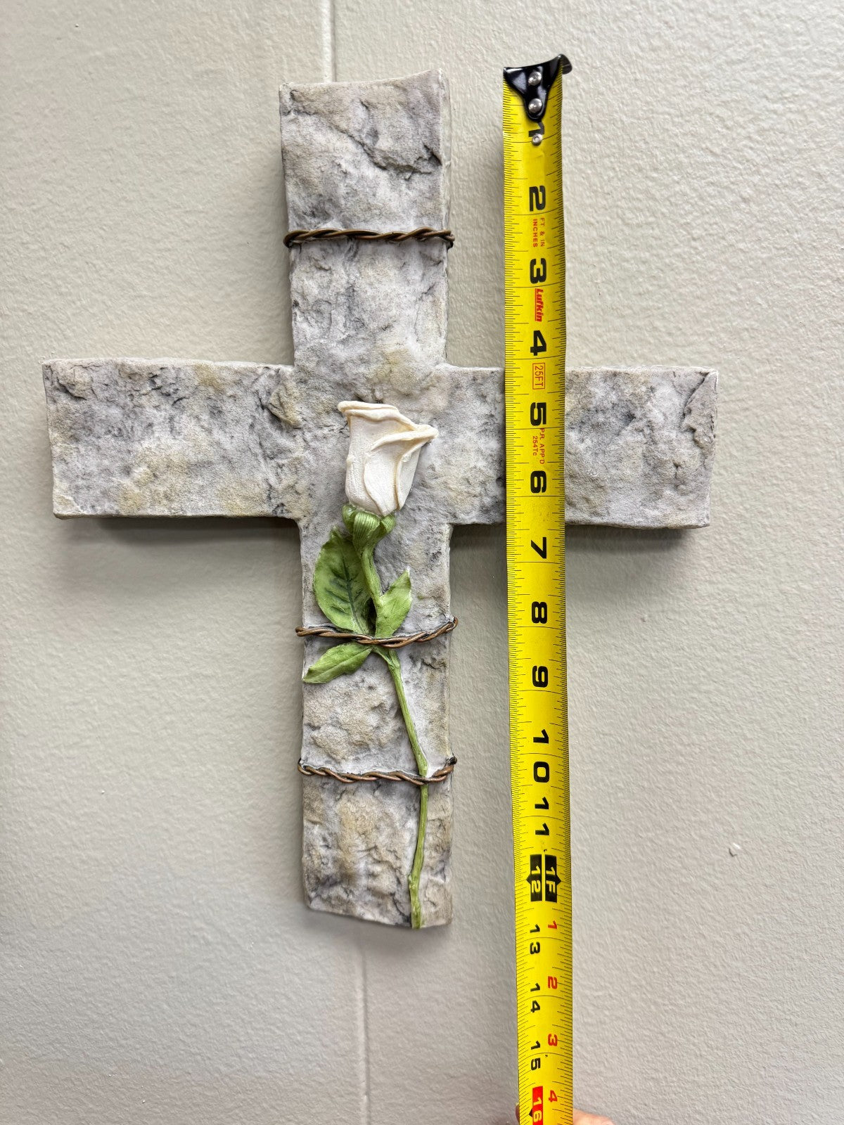 Decorative Wall Cross with White Rose & Wire Accent – 13” x 10” Stone Look