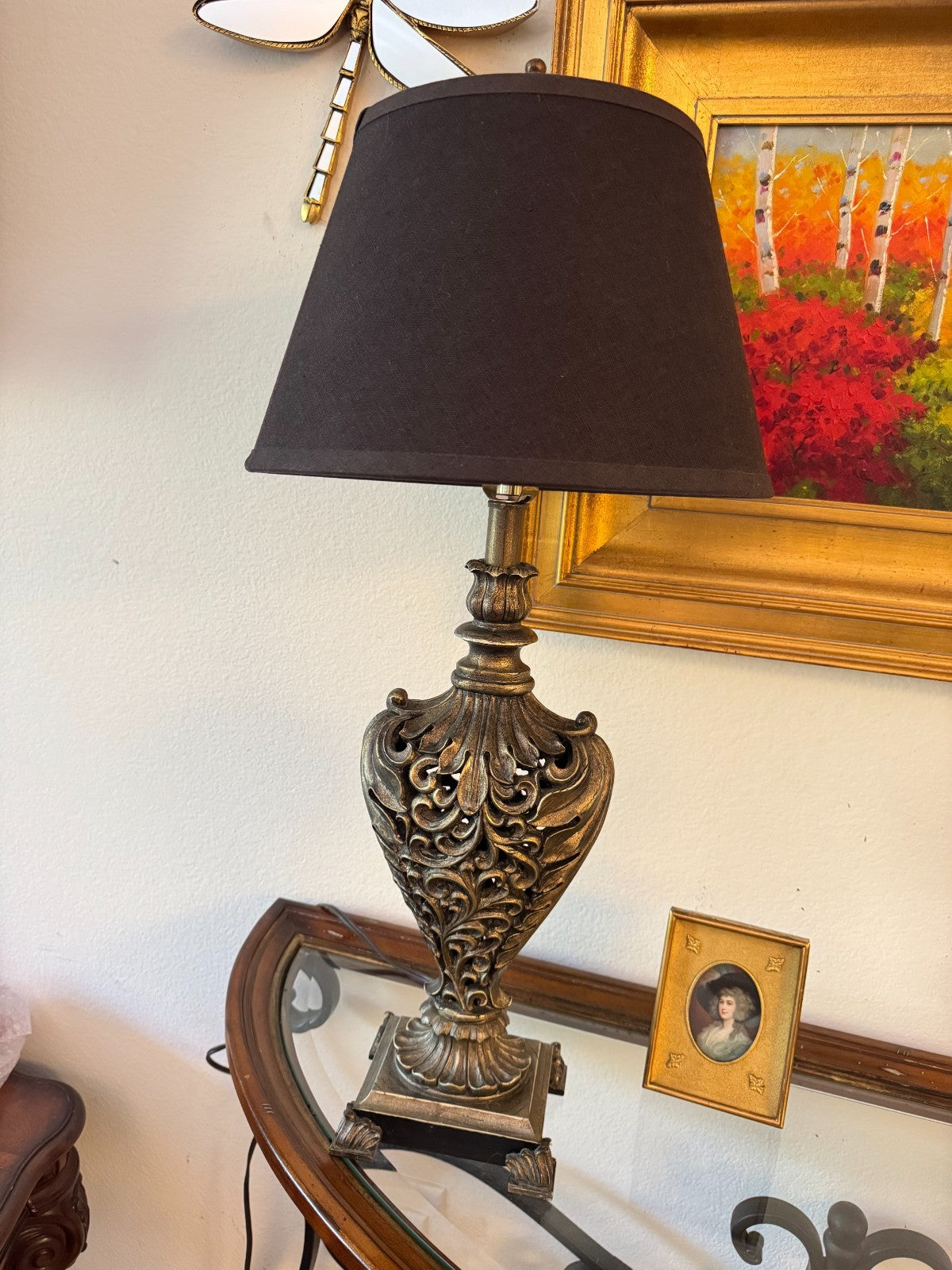 Vintage Ornate Bronze-Style Resin Table Lamp  Black Shade – 28” Tall