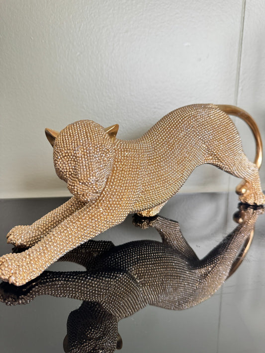 Gold Stretching Leopard Figurine – 16” Long Luxury Resin Panther Sculpture, Glam