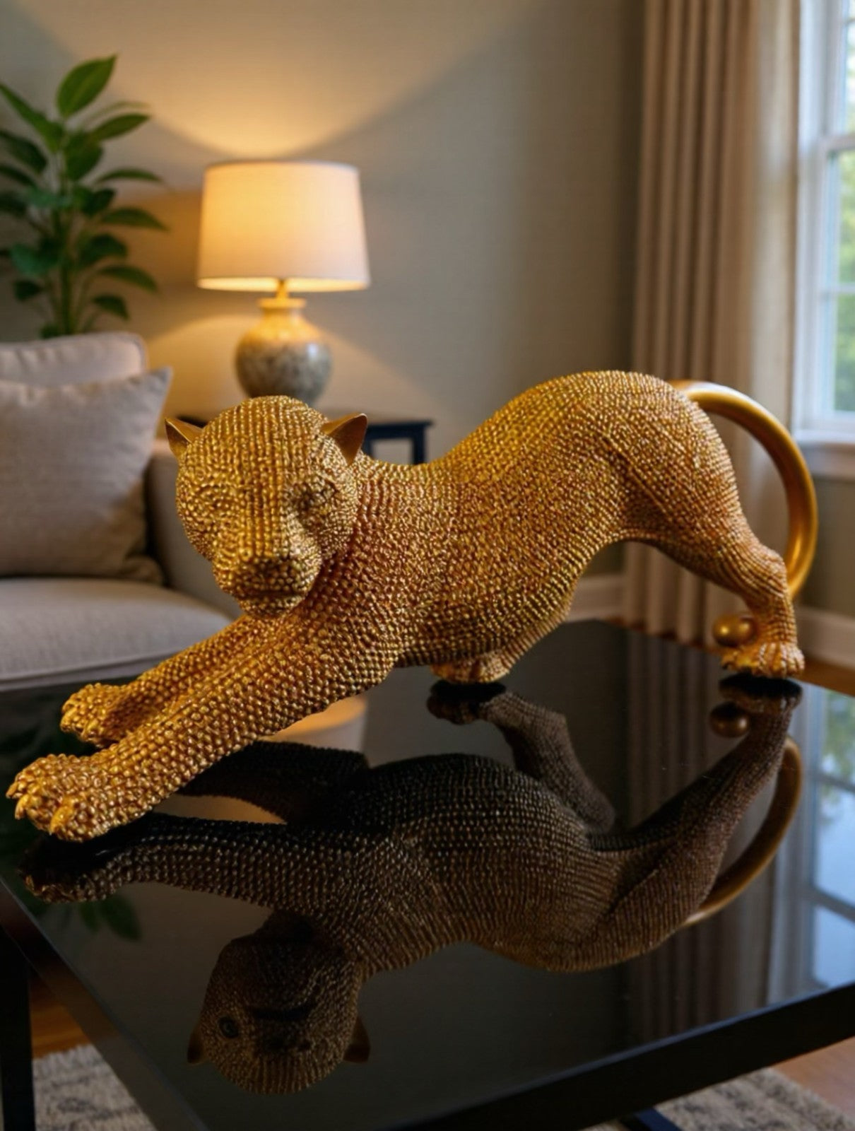 Sparking  Resin Panther Figurine – Stretching Big Cat Sculpture,  15” Long