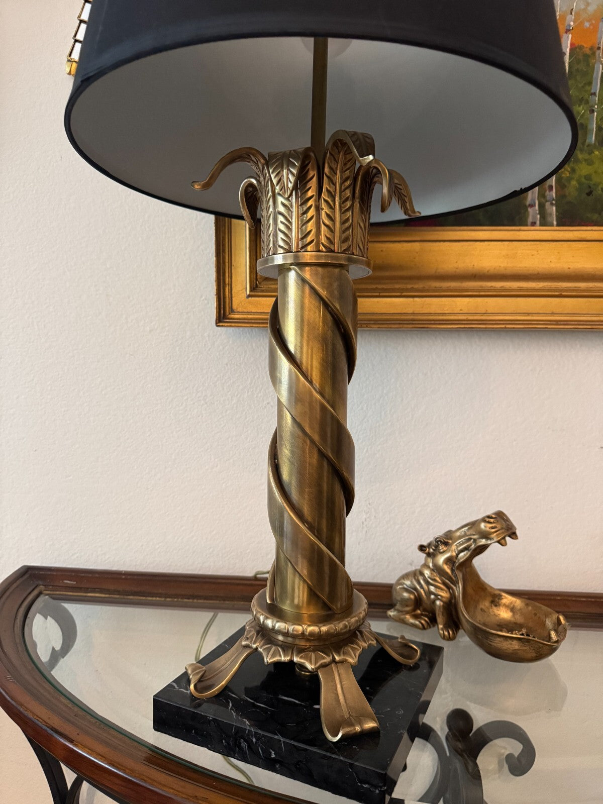 Large Vintage Heavybronz Table Lamp Black Shade Ornate Spiral Design Marble Base