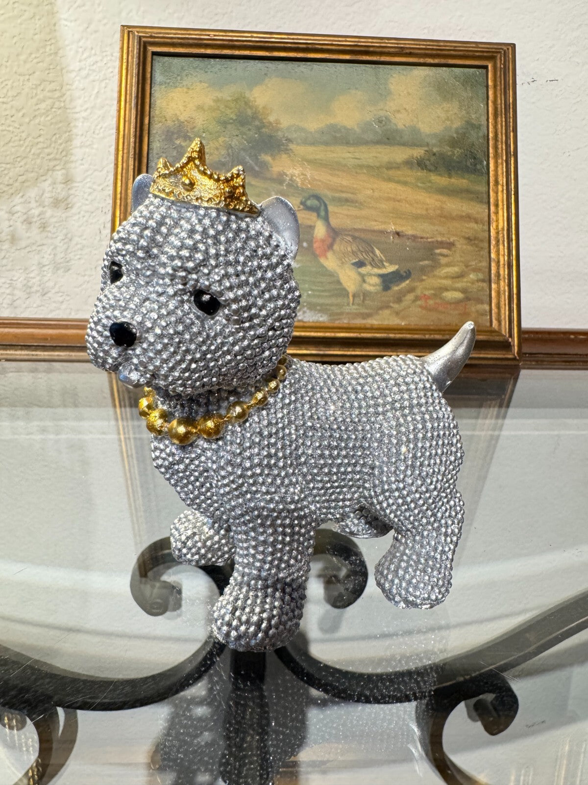 Luxury Rhinestone Dog Figurine with Crown & Necklace – Sparkling Resin Decor