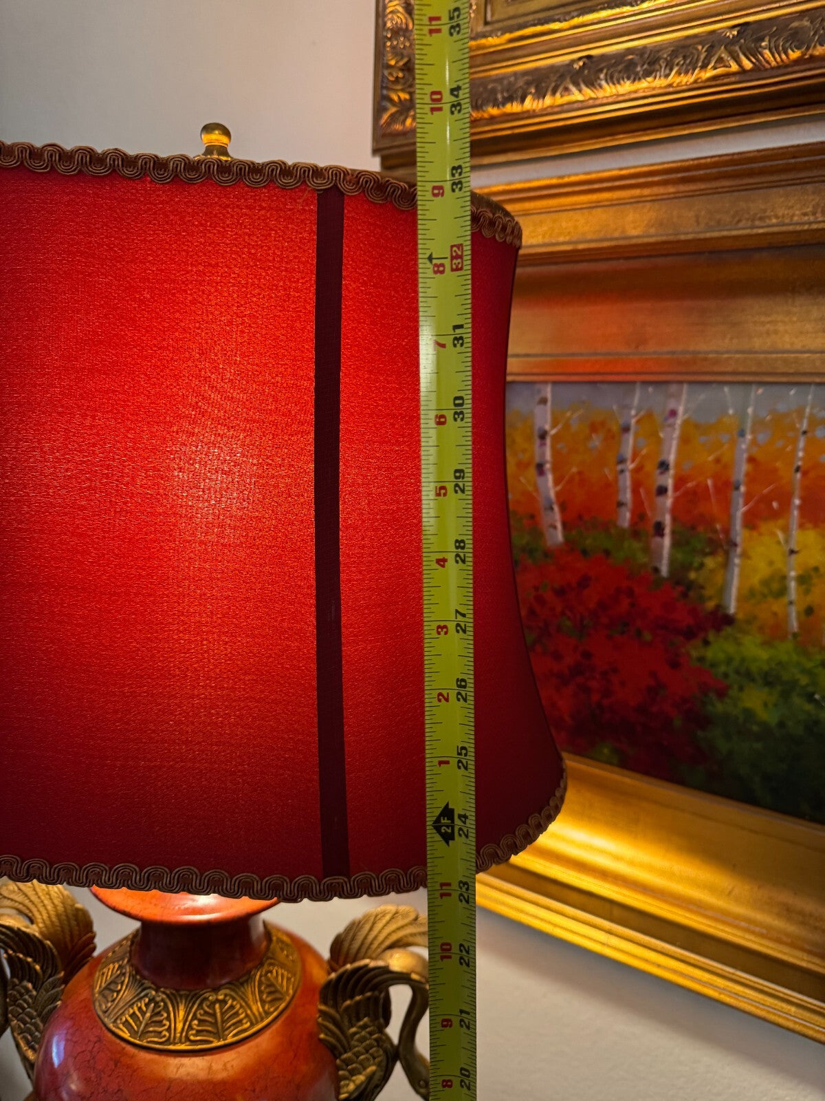 Vintage Ornate Brass Swan Handle Table Lamp – 33” Tall with Red Shade,