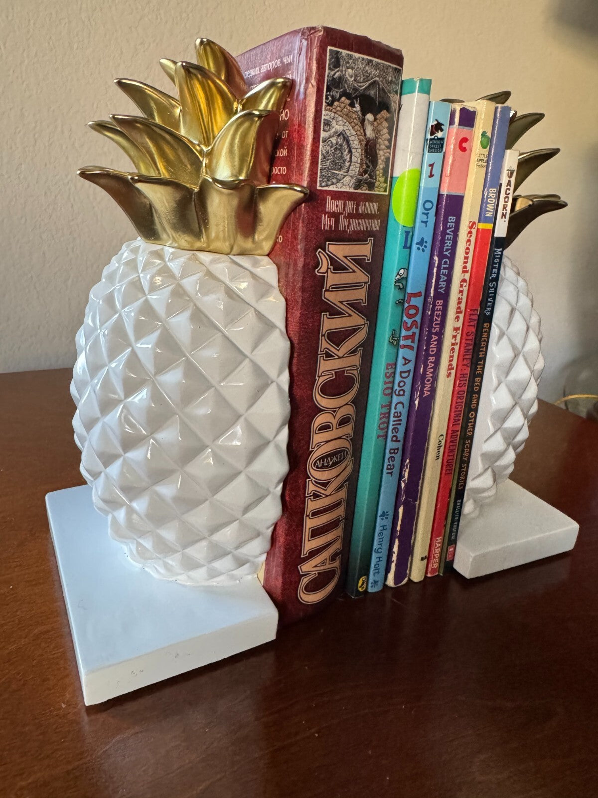 Pineapple Bookends - White Ceramic with Gold Accents, 7 Inches Tall”