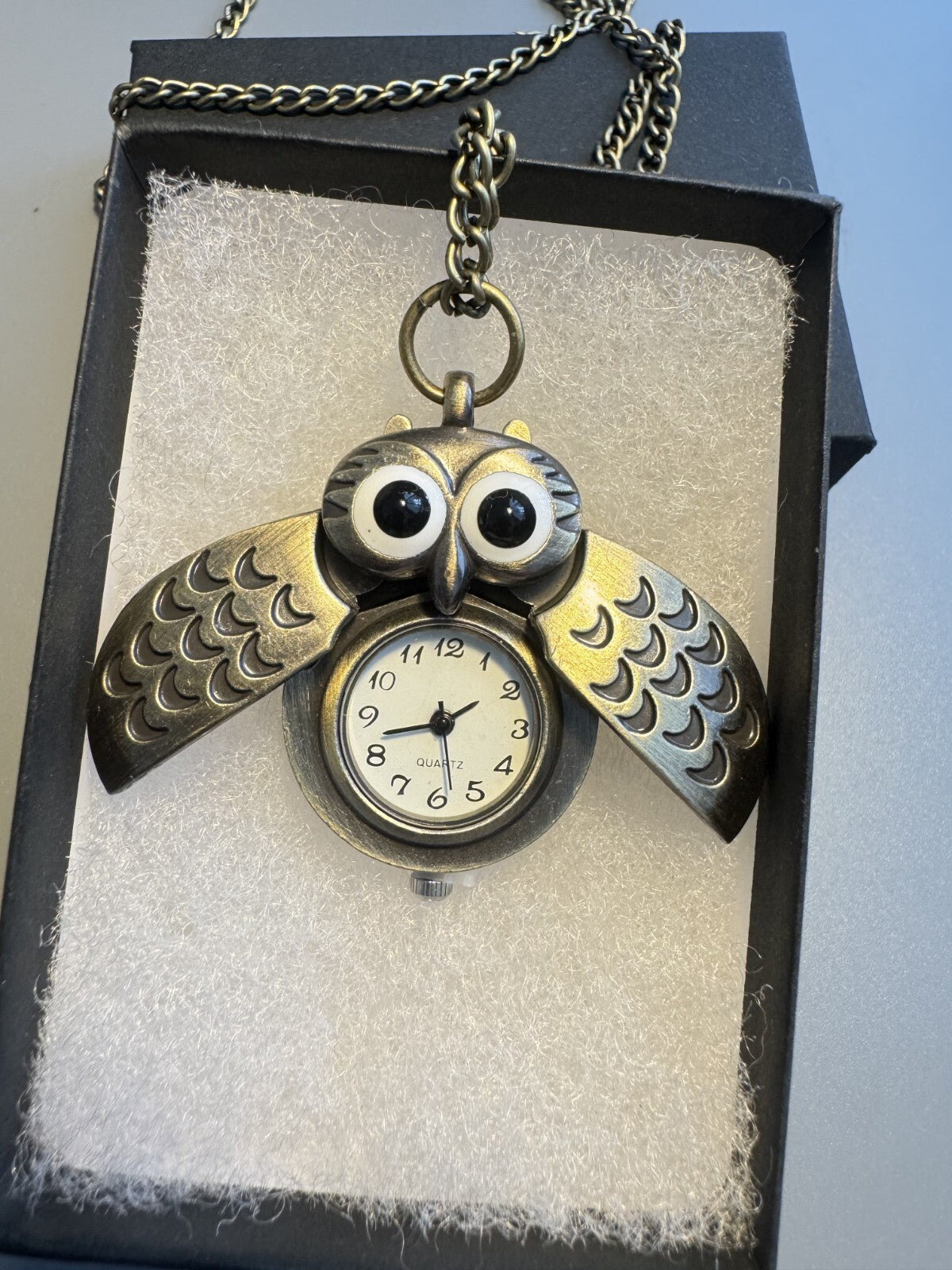 Owl Pendant Necklace Quartz Watch – Bronze Tone,  with Movable Wings