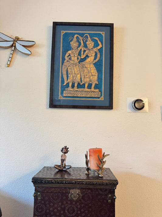 Framed Thai Embossed Artwork – Apsara Dancers in Gold on Blue Background, 25”x18