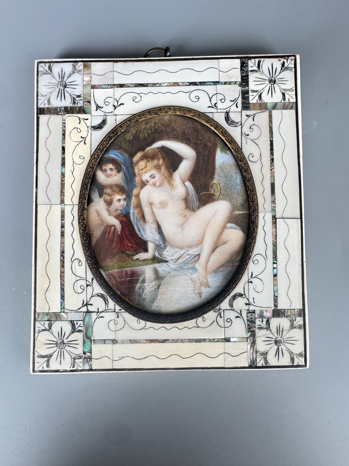 Antique Miniature Painting of Bathing Venus with Putti Portrait  5''x6''