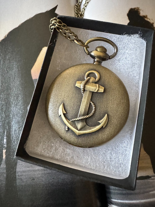 Nautical Pocket Watch with Anchor Design – Roman Numerals – Gift Box Included