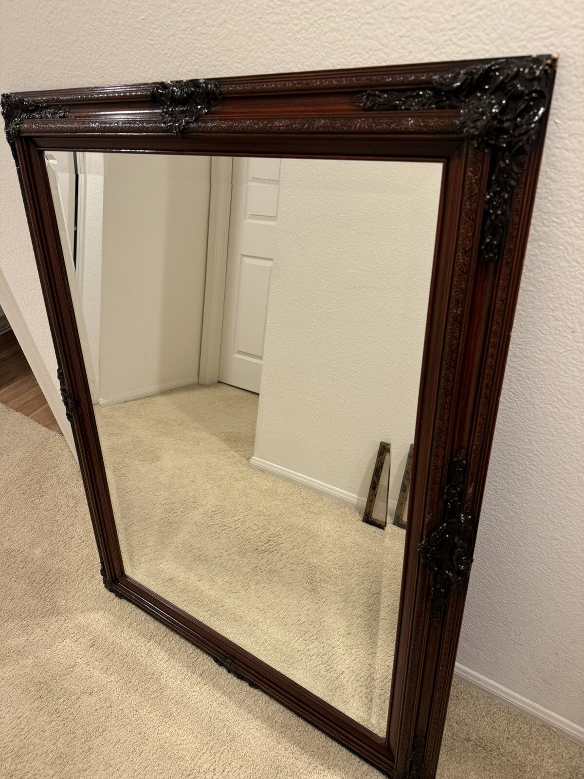 Vintage  Large Mirror Dark Brown Wood Handmade Frame 37” X 47”
