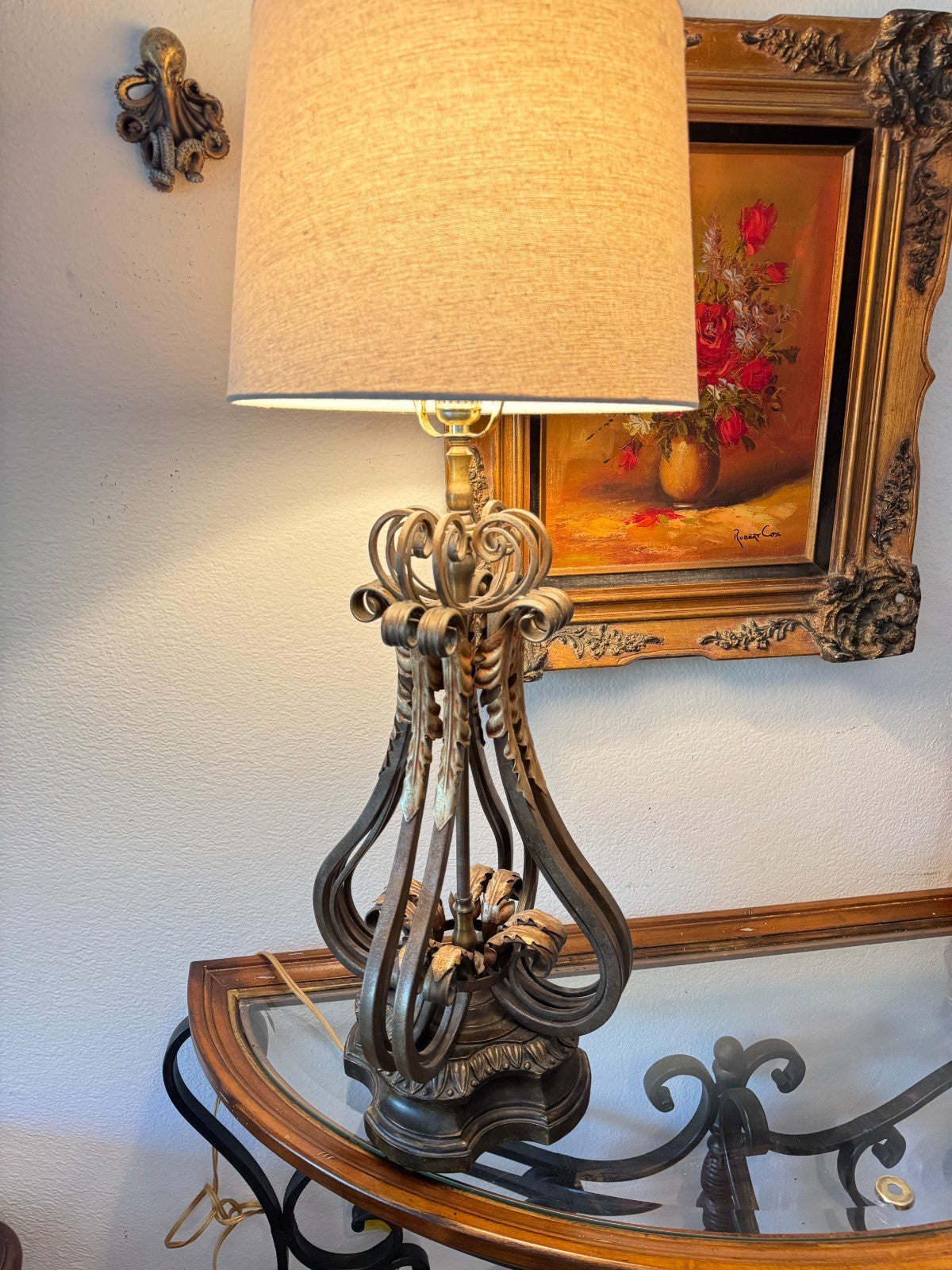 Vintage Metal Stiffel Candelabra Lamp With Ornate Leaf Detailing & Fabric Shade