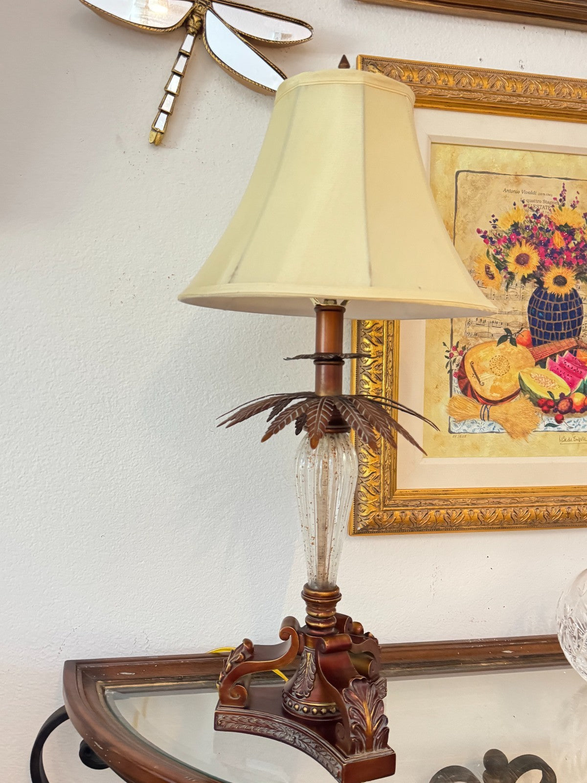 Vintage Tropical Palm Leaf Table Lamp with Fabric Shade  28” Ornate Resin & Glam