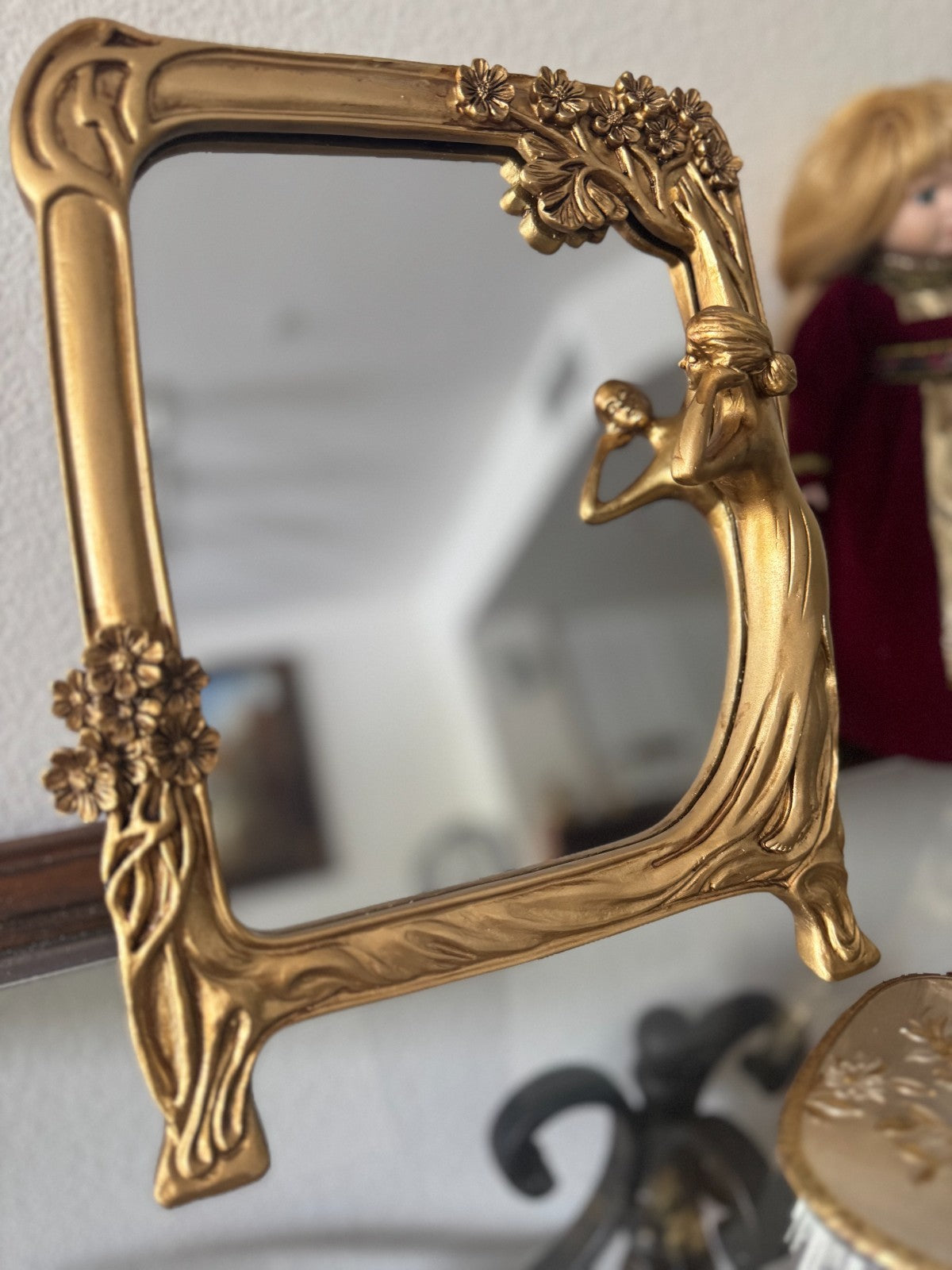 Art Nouveau Style Gold Resin Vanity Mirror – Woman & Floral Frame – 8” x 11”