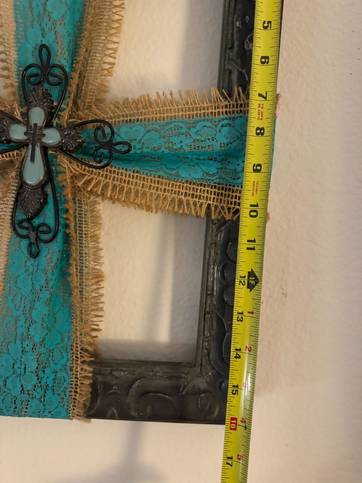 “Rustic Metal Frame Cross Wall Art with Burlap & Turquoise Lace Accents -