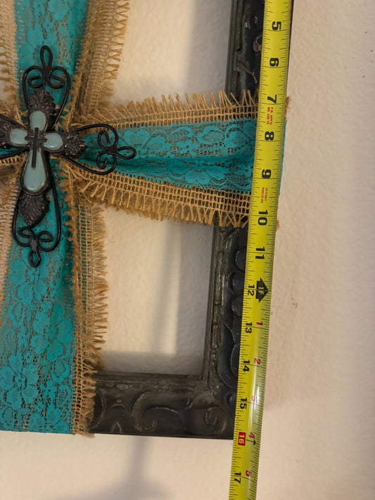 “Rustic Metal Frame Cross Wall Art with Burlap & Turquoise Lace Accents -