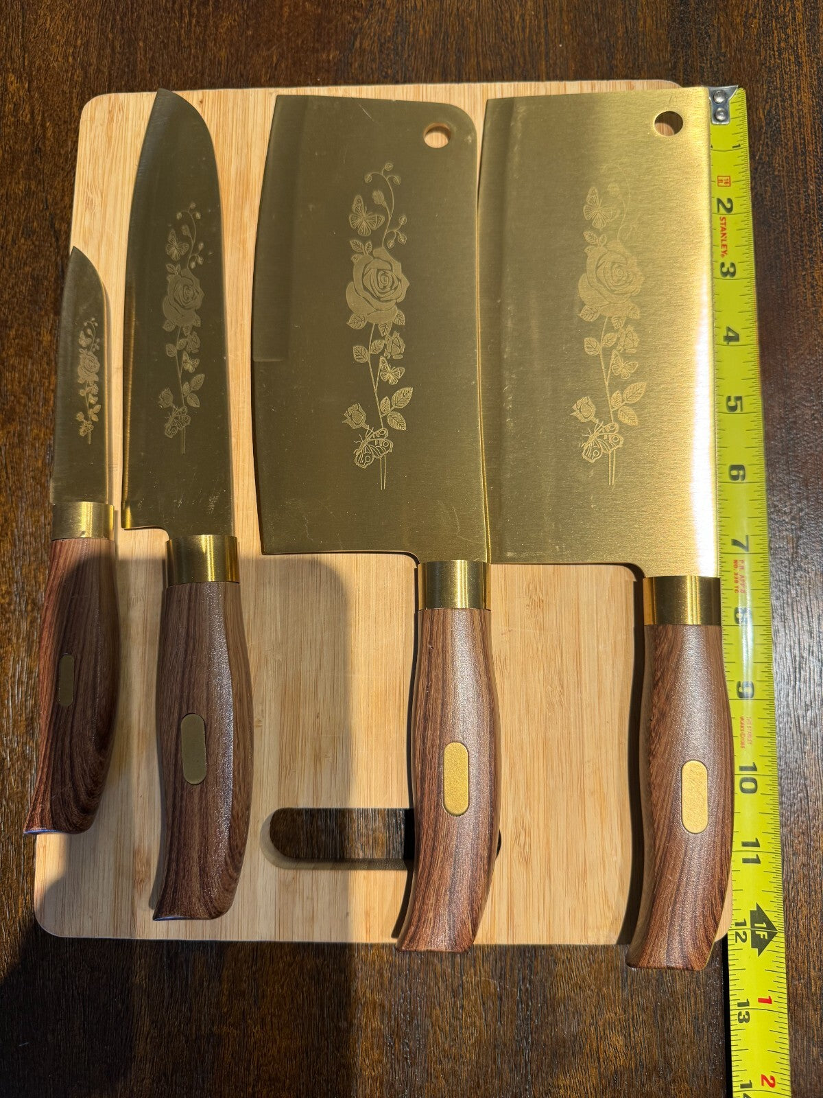 Elegant 4Piece Gold Knife Set with Floral Engraving Wooden Handles Chef, Santoku