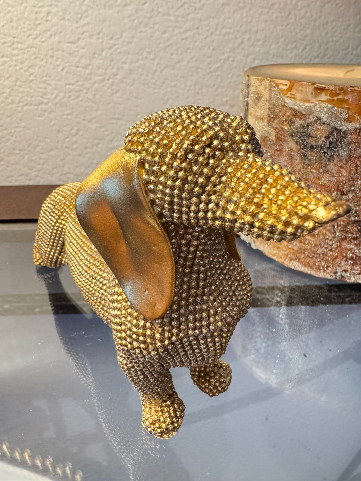 Elegant Gold Beaded Dachshund Dog Figurine – Decorative Sculpture, 6 Long