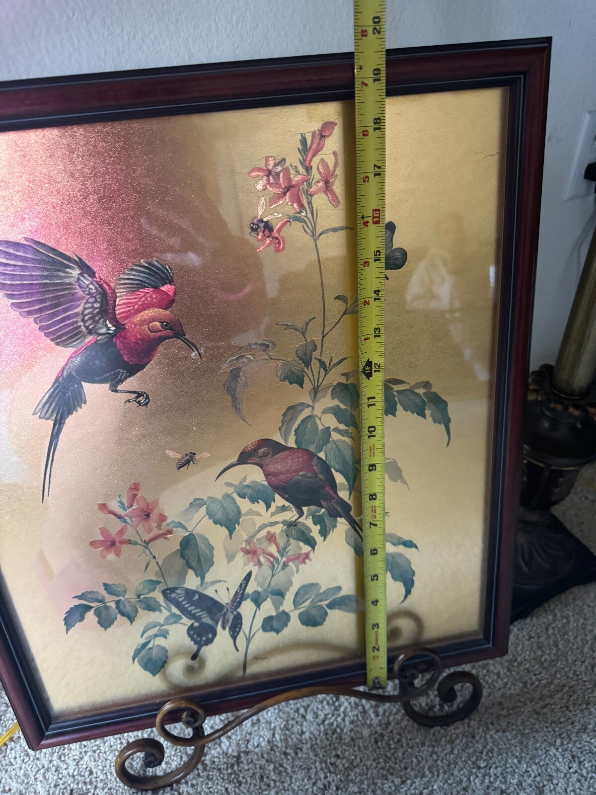 Vintage 19x16 Framed Bird & Butterfly Print by Rena – Nature Wall Art