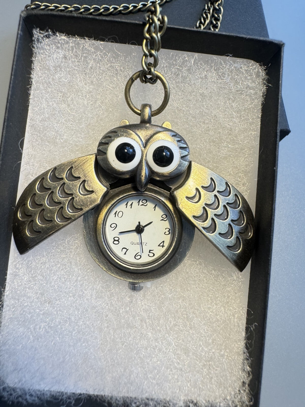 Owl Pendant Necklace Quartz Watch – Bronze Tone,  with Movable Wings