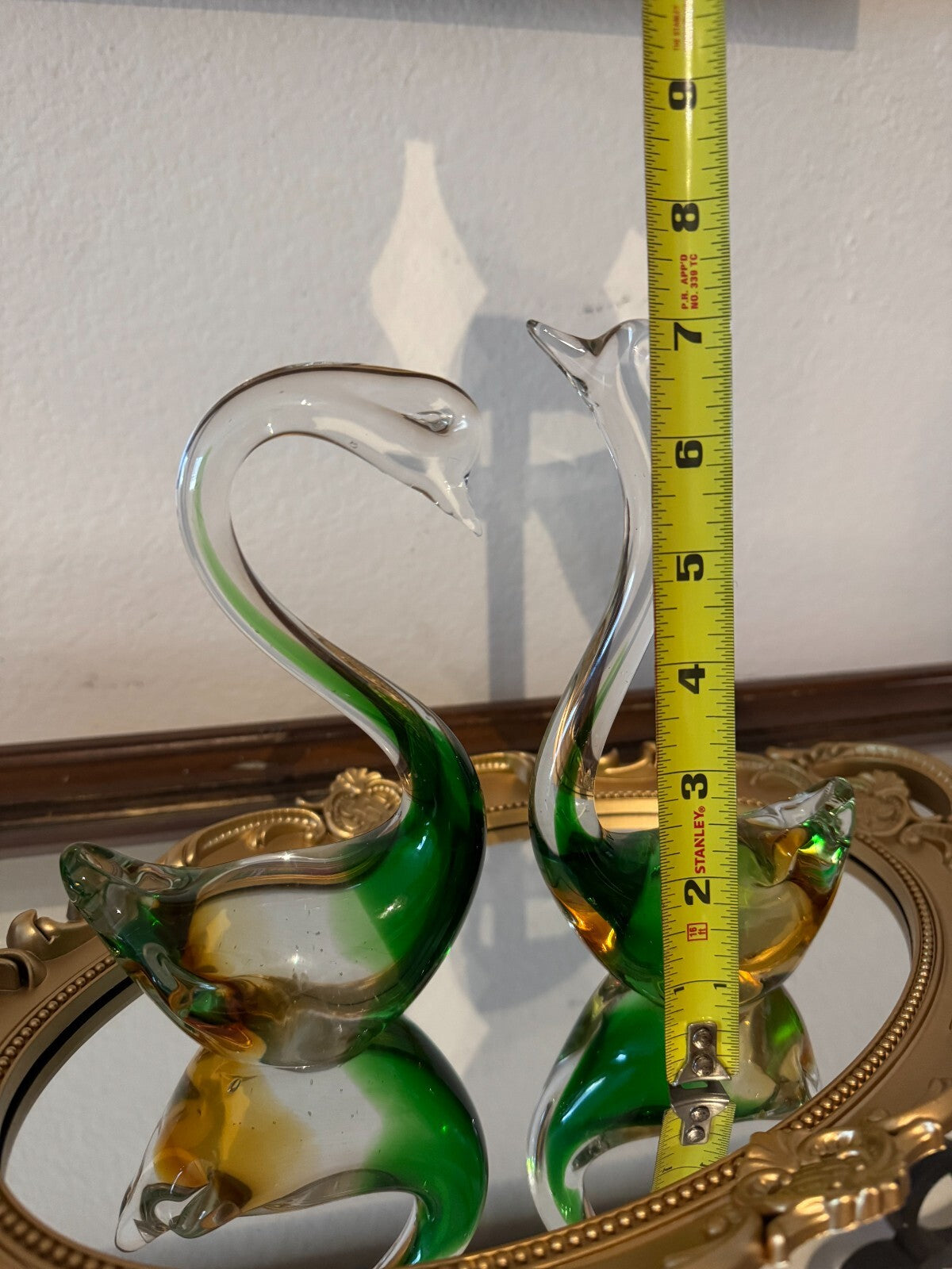 Vintage Murano Verti Blown Art Glass Swan Bird Figure Green Yellow Italy Tall 7.