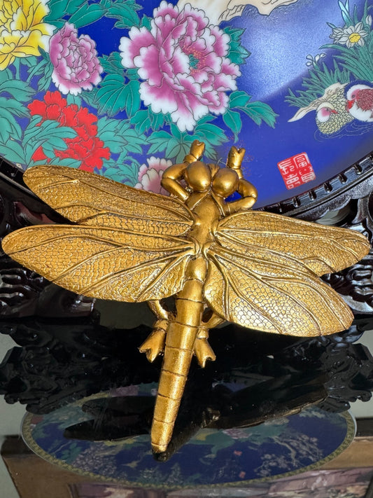 Golden Dragonfly Wall Decor – Textured Resin Insect Sculpture, 5” Hanging Art