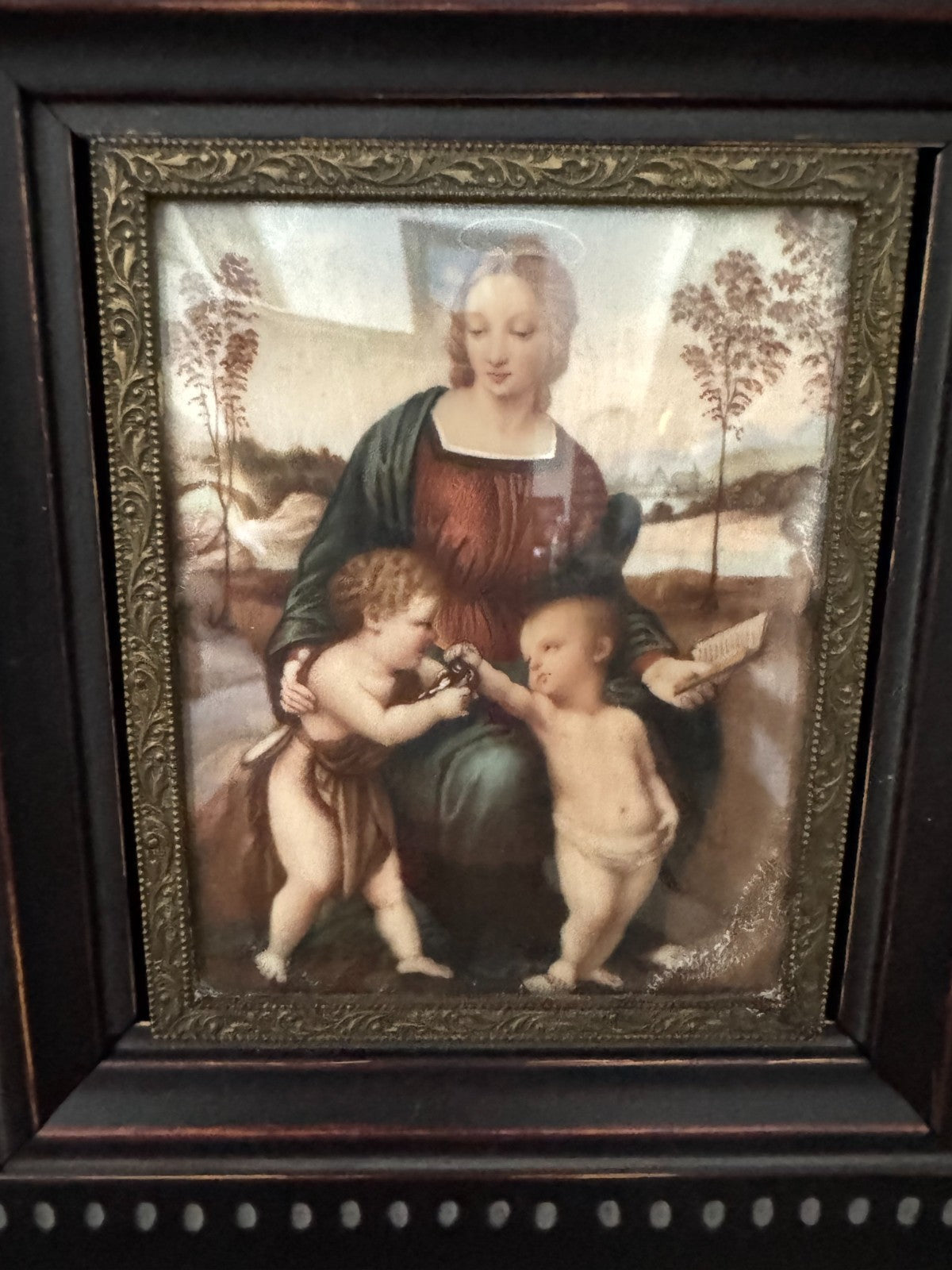 Antique Miniature Religious Painting “Madonna and Child with St. John” Gold Fram