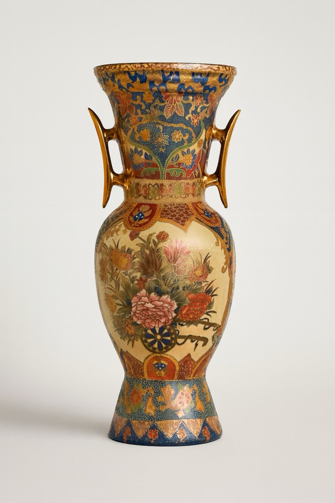 Vintage Japanese Satsuma Style Vase – Hand-Painted Floral & Gold Gilded Handles