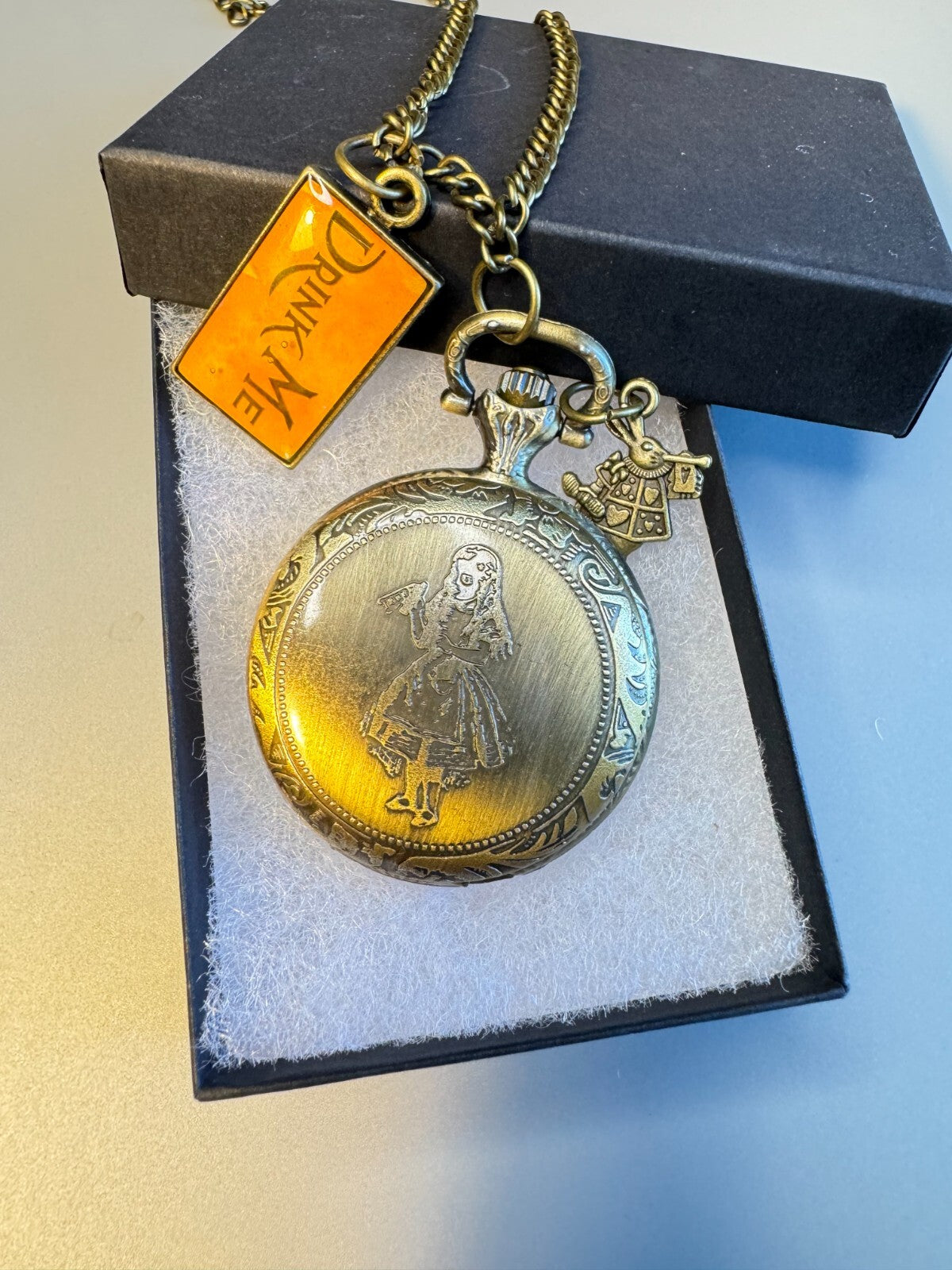 Alice in Wonderland Vintage Style  Brass Watch With Chain Toy Collectible
