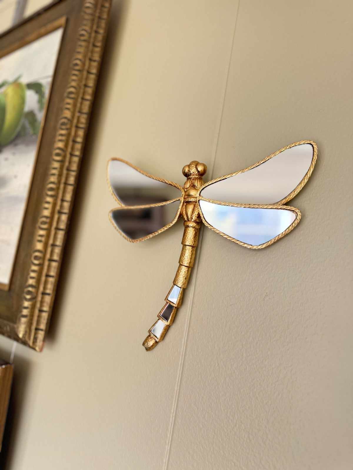 Gold Dragonfly Wall Mirror Décor – Resin Insect Art  Brand New  10” x 9”