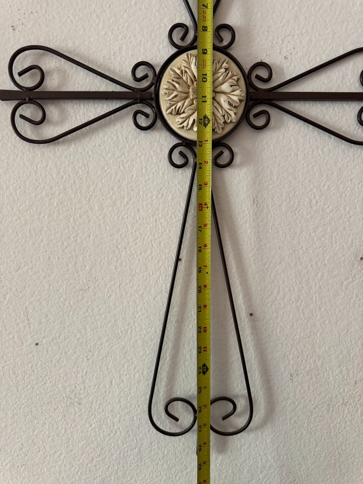 Large Metal Wall Cross with Center Floral Medallion – Scroll Design  27”x19”