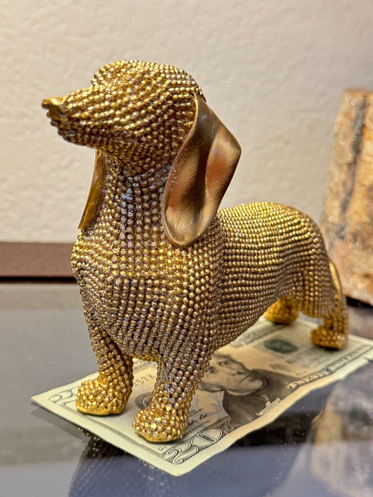 Elegant Gold Beaded Dachshund Dog Figurine – Decorative Sculpture, 6 Long