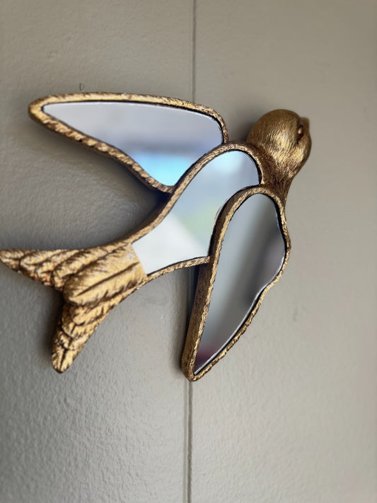 Vintage-Style Gold Resin Swallow Wall Décor with Mirror Inlay – 7” Home Decor