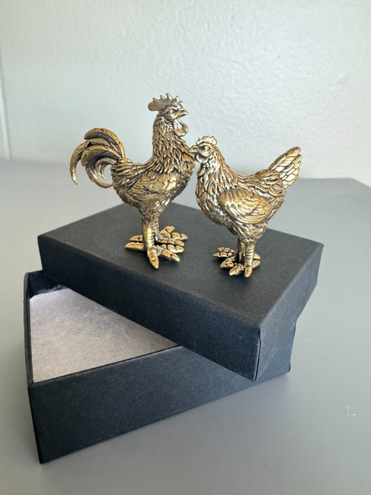 Elegant Brass Rooster and Hen Figurine Set Brand New Gift Box