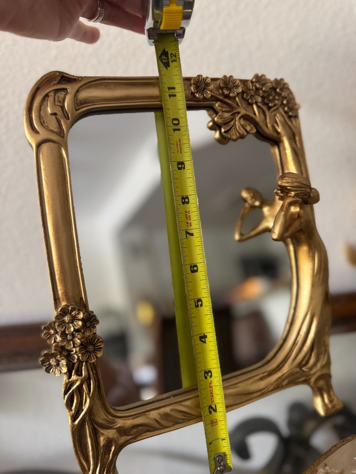 Art Nouveau Style Gold Resin Vanity Mirror – Woman & Floral Frame – 8” x 11”