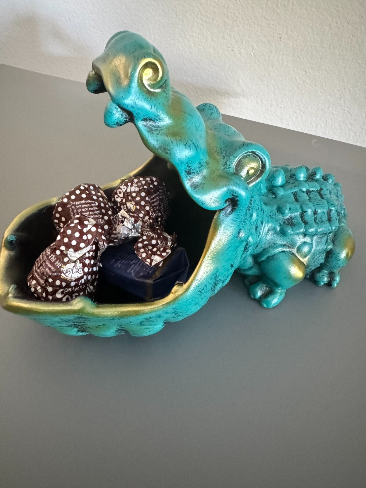 Turquoise and Gold Crocodile Storage Bowl - Unique Candy Dish or Key Holder