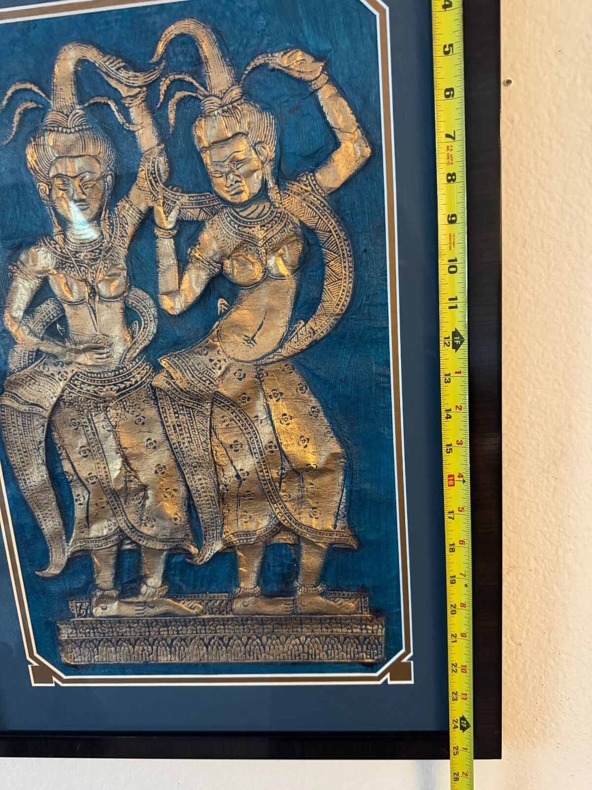 Framed Thai Embossed Artwork – Apsara Dancers in Gold on Blue Background, 25”x18