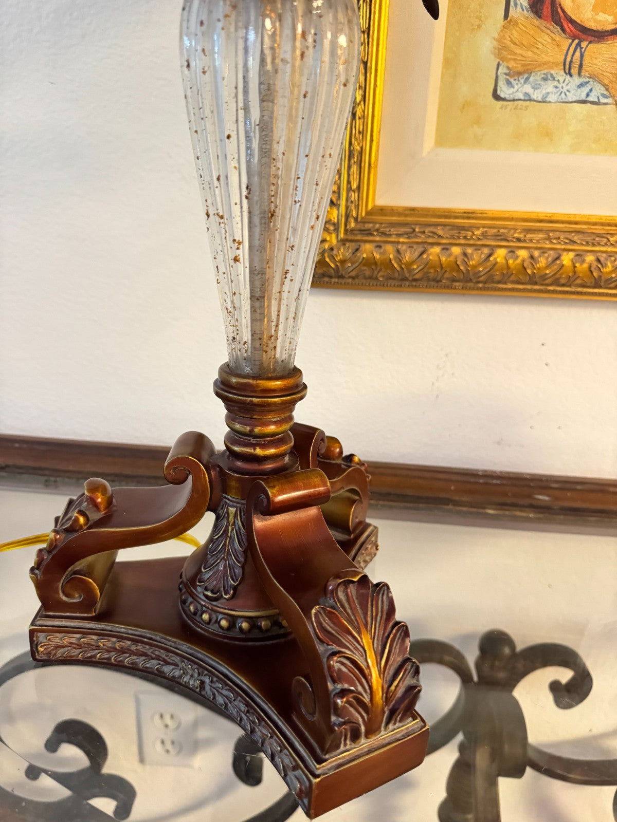 Vintage Tropical Palm Leaf Table Lamp with Fabric Shade  28” Ornate Resin & Glam
