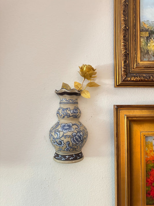 Formalities by Baum Bros. Blue & White Ceramic Wall  Vase – 13” Floral Asian