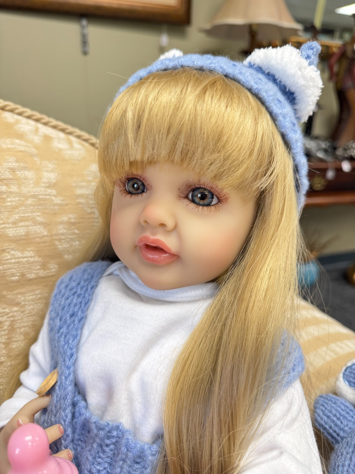 Realistic 20” Reborn Baby Doll  Blonde Hair, Knit Blue Outfit, 20in