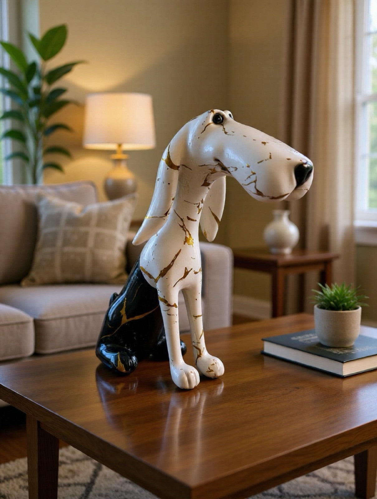 Stylized Resin Dog Figurine – White & Black with Gold Marble Accents 8.5Tall