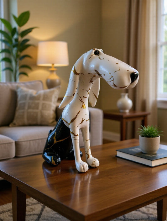 Stylized Resin Dog Figurine – White & Black with Gold Marble Accents 8.5Tall