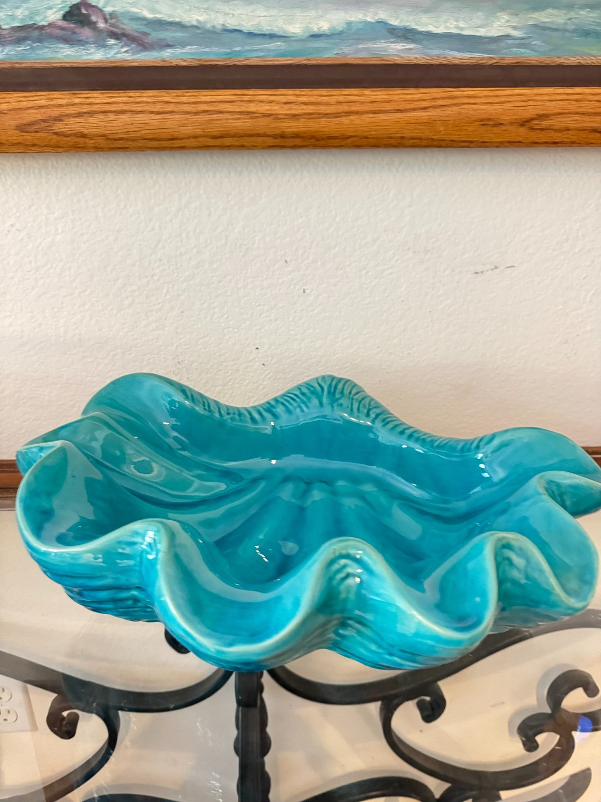 Large Turquoise Ceramic Clam Shell Bowl | Marine Style  16”