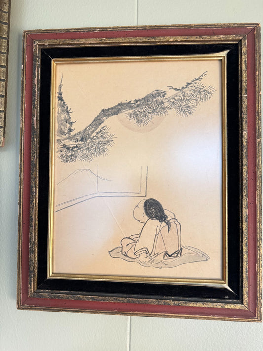 Japanese Zen Ink Drawing – Seated Figure and Mount Fuji –18x15