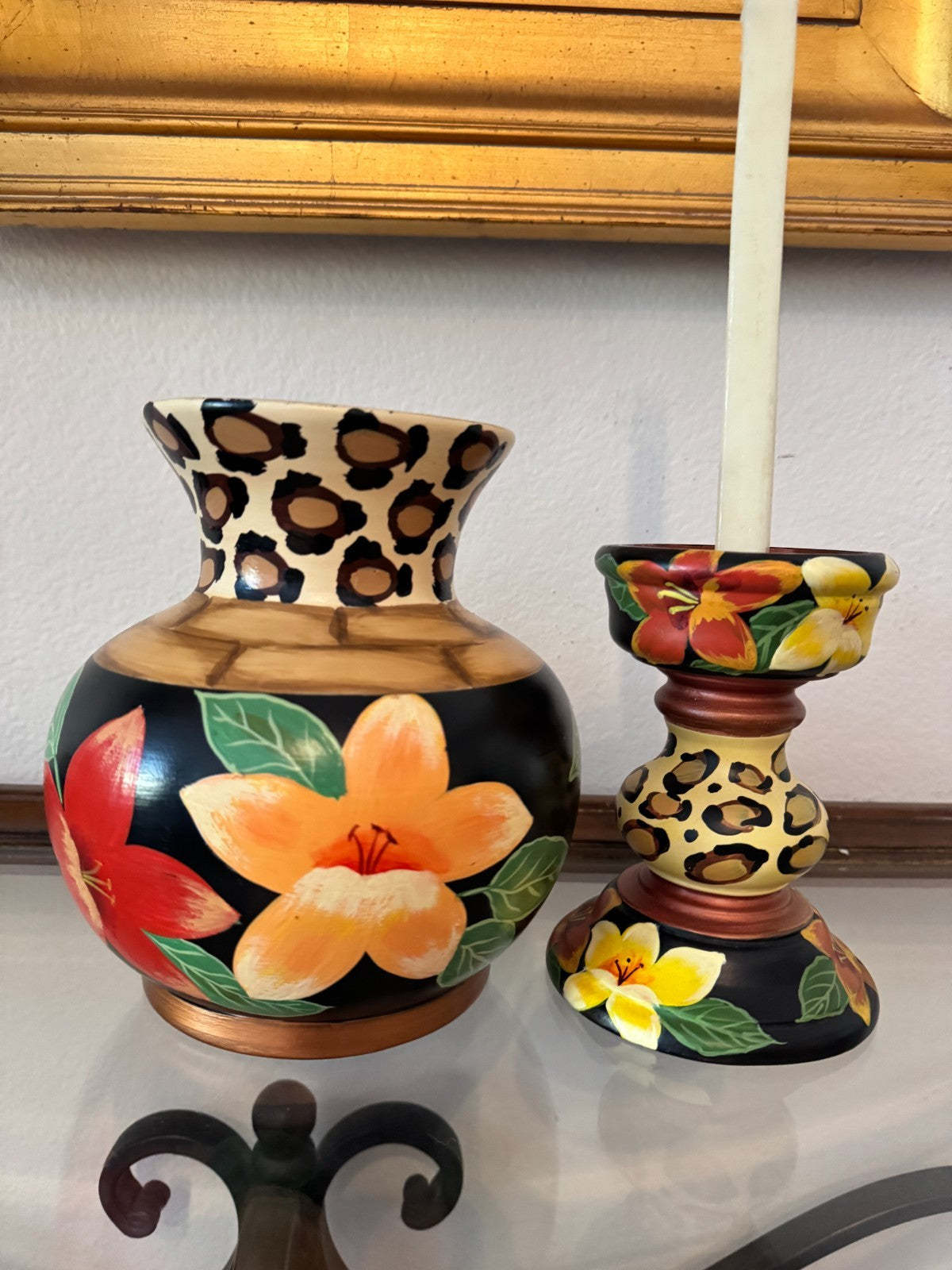 Anita Rosenberg Hand-Painted Ceramic Vase & Candle Holder Set – Leopard Floral