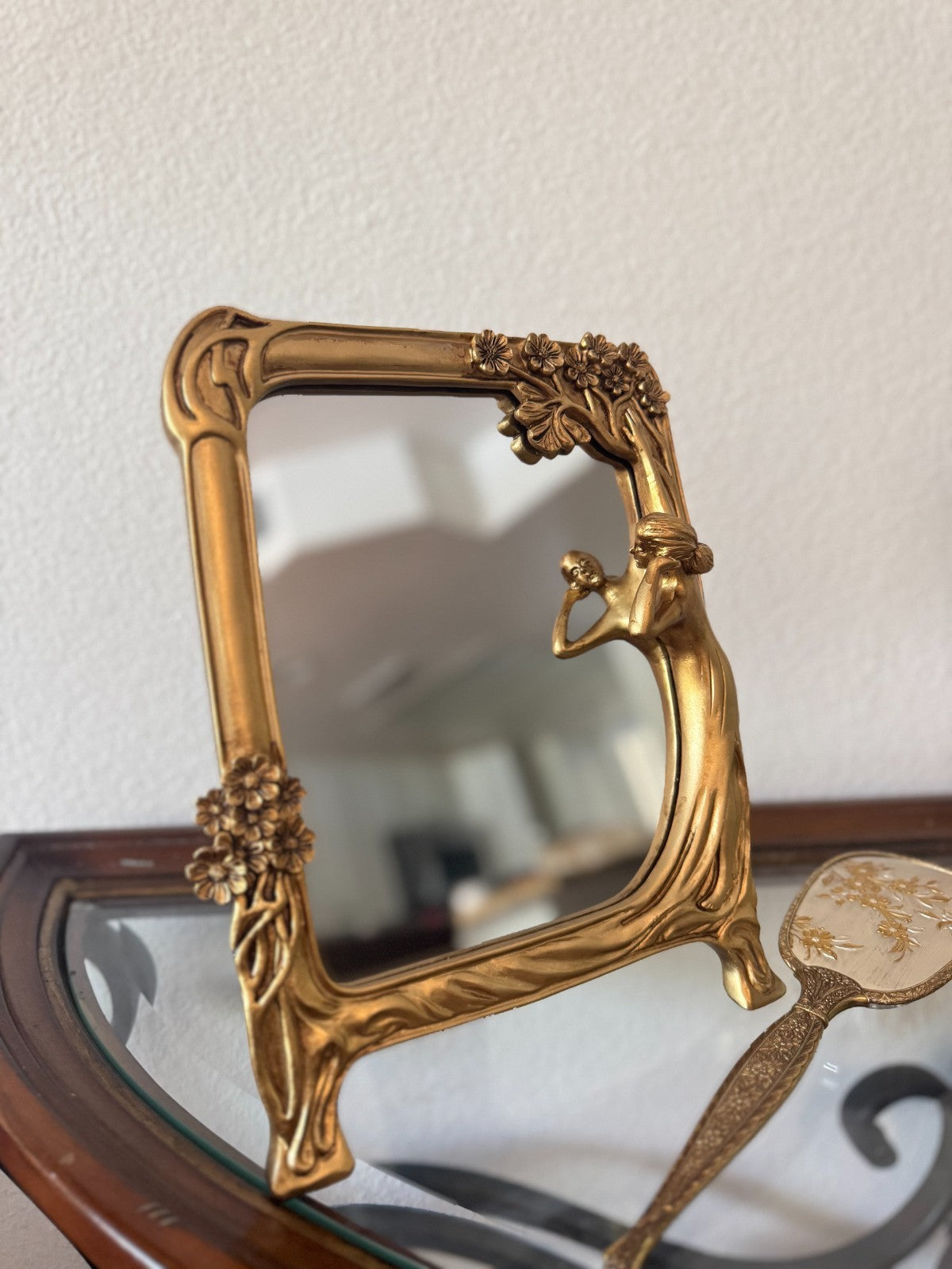 Art Nouveau Style Gold Resin Vanity Mirror – Woman & Floral Frame – 8” x 11”