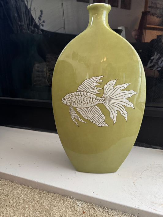 Large Olive Green Ceramic Vase with Fish Design – 20” Tall Modern Coastal Accent